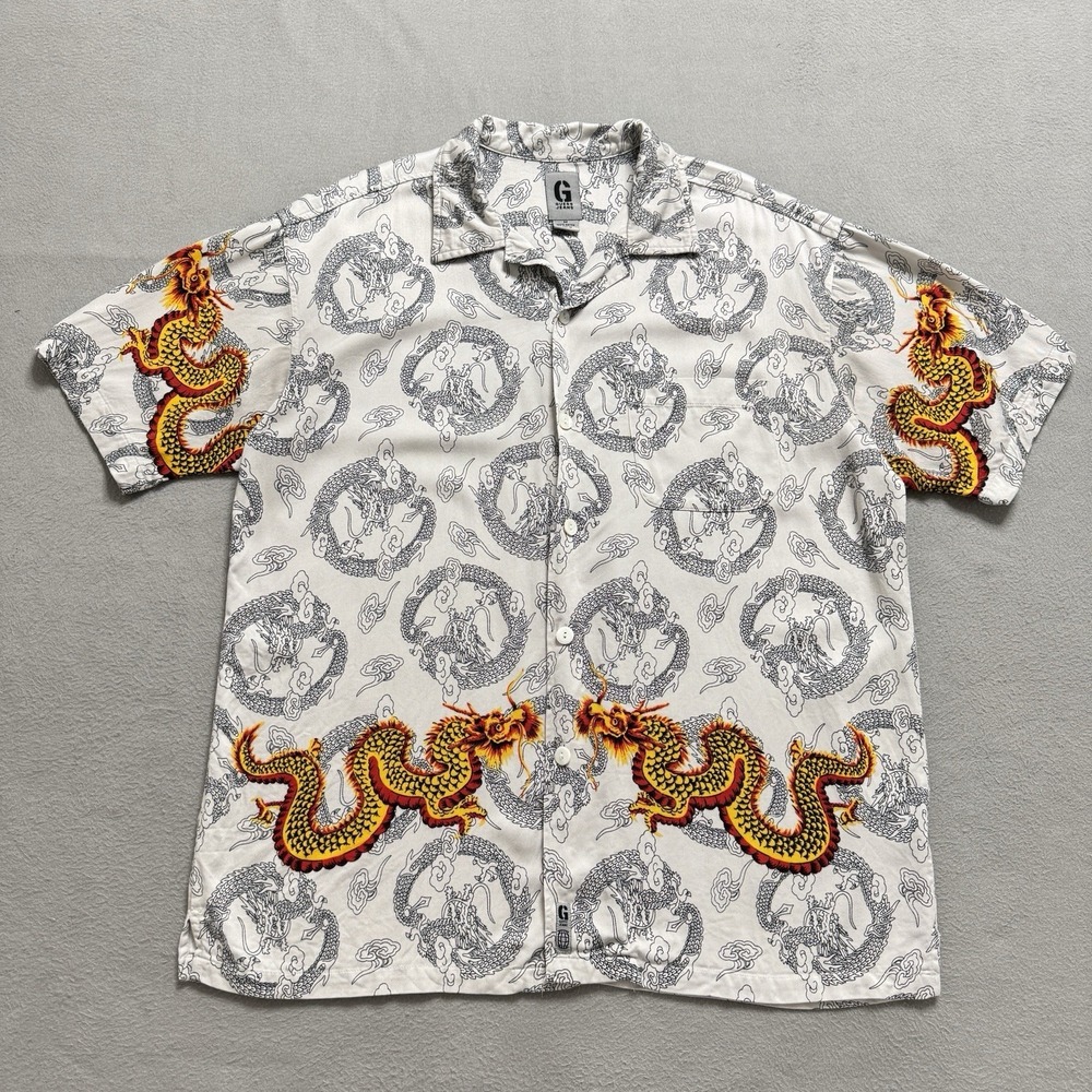 Vintage Guess Shirt Mens Medium White Dragon‎ Rayon Y2K Party Streetwear AOP